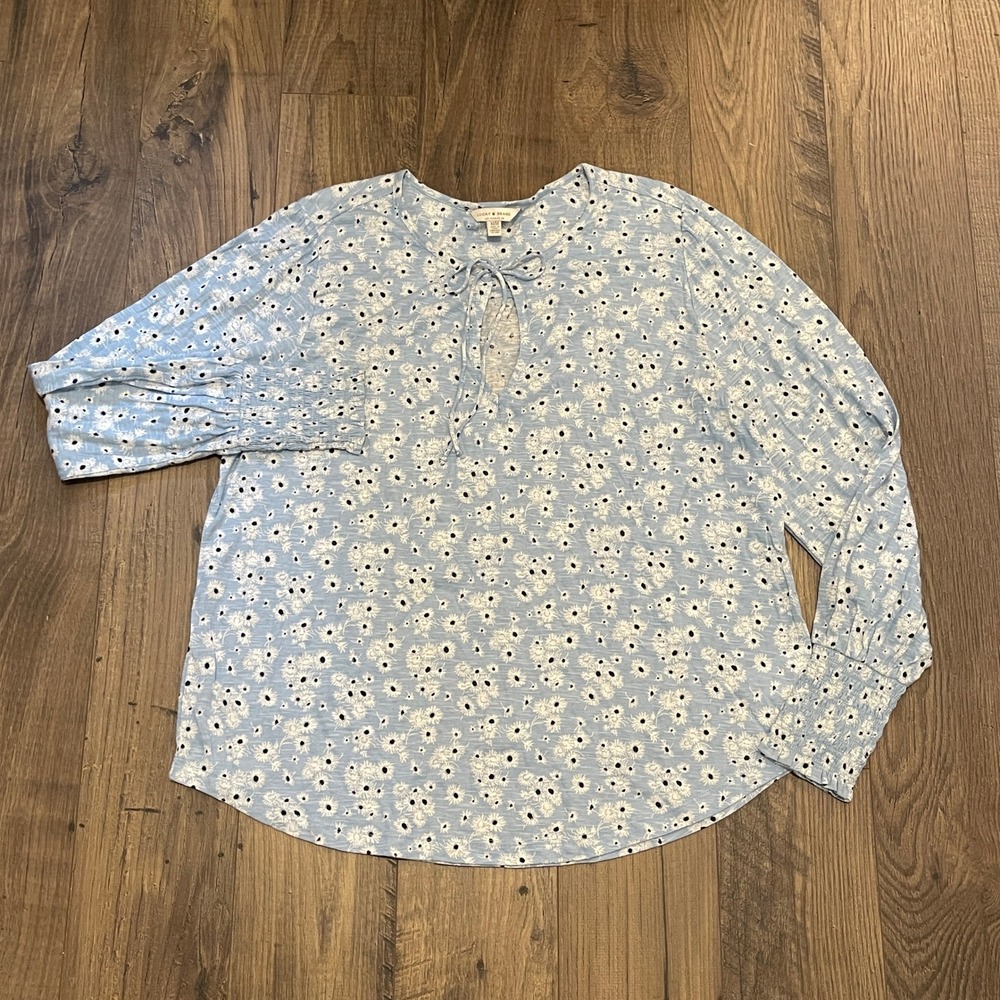 Lucky Brand Blue Daisy Floral Split Tie Neck Smocked Cuff Blouse Top Medium